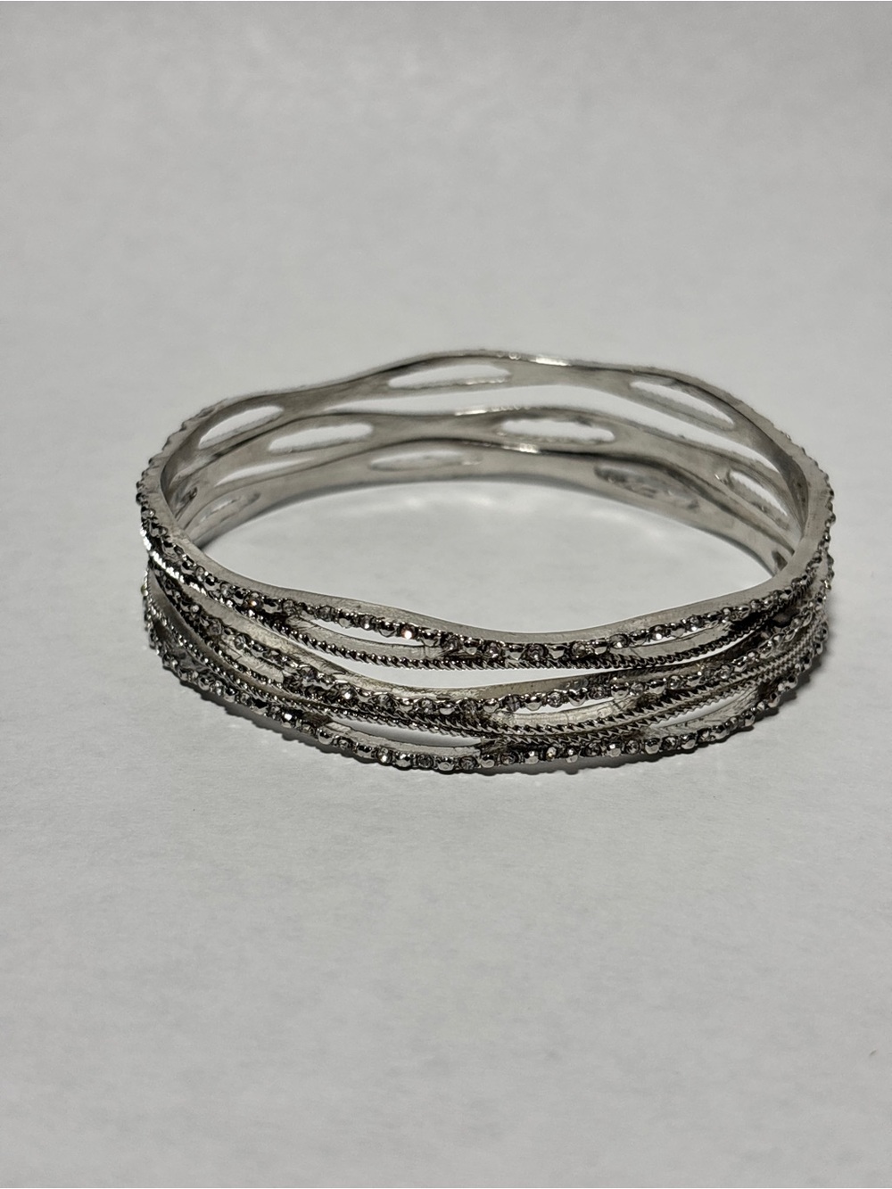 Sterling Silver Multi-Row Crystal Bangle Bracelet - Silver